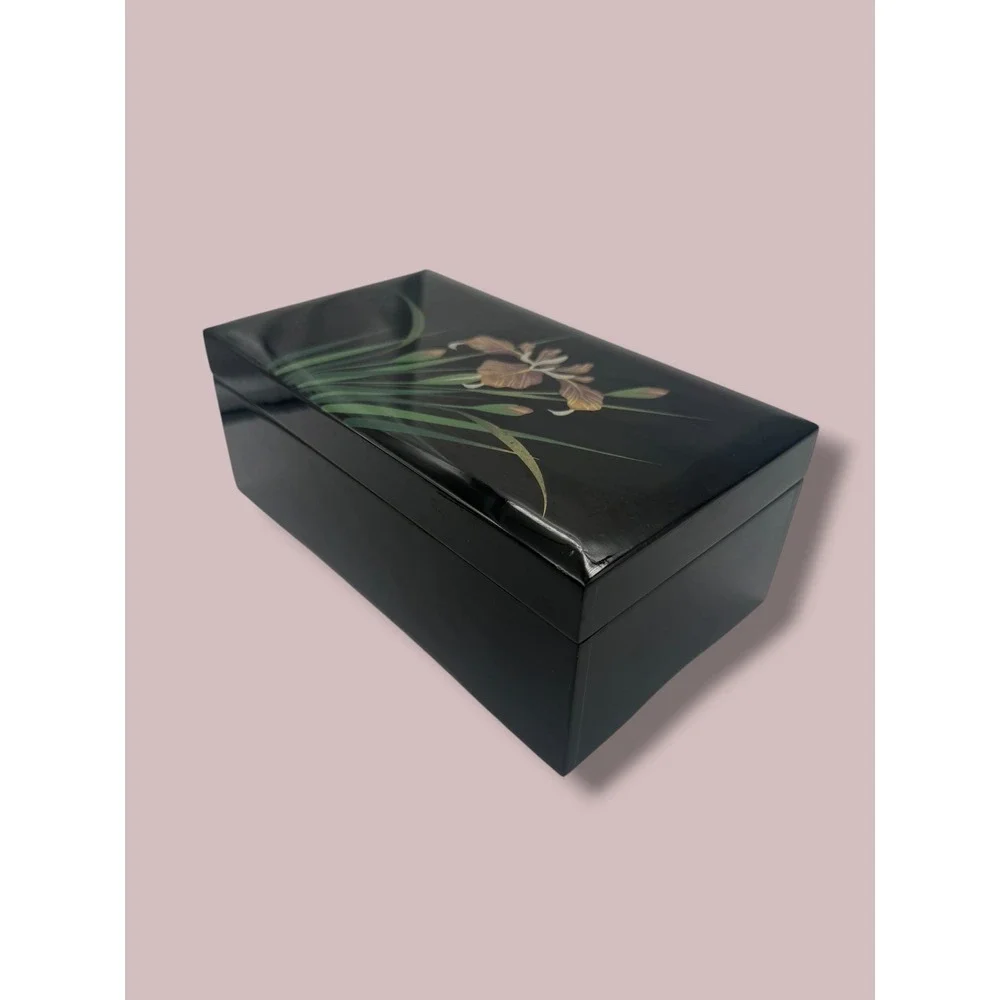 San Francisco Music Box Co Black Lacquer Iris Jewelry Box Lara's Theme Vintage